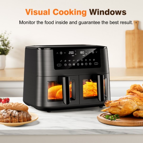 Dual Air Fryer with Visual Window, 9L XL Capacity Double Air Fryers, 2 Drawers, 9-In-1 Cooking Presets, Touch Screen, Smart Finish, Timer Function, Dishwasher-Safe, Healthy Oil Free & Low Fat Cooking